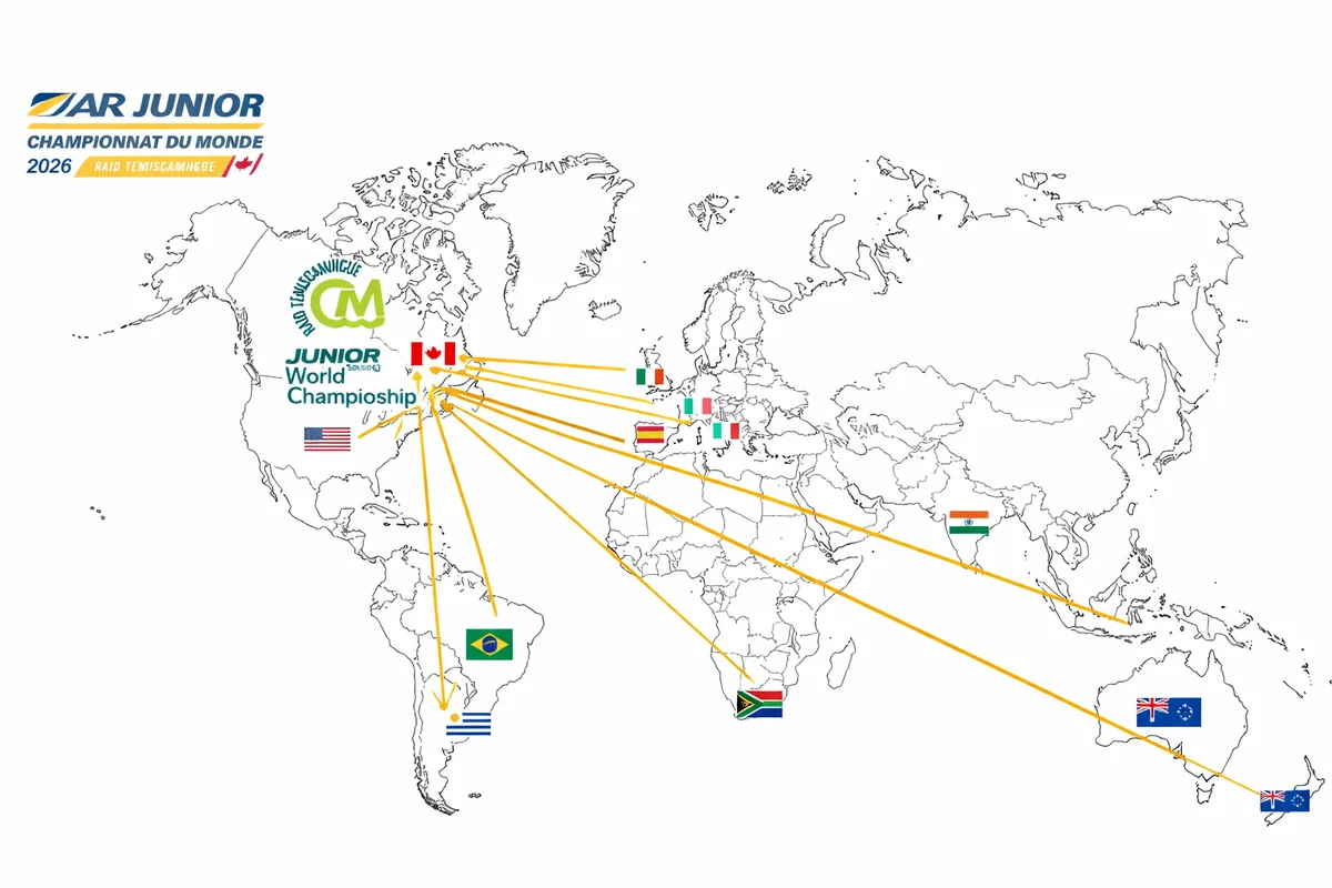 Carte officielle des 11 nations engagées au Championnat du Monde Junior ARWS Témiscamingue 2026